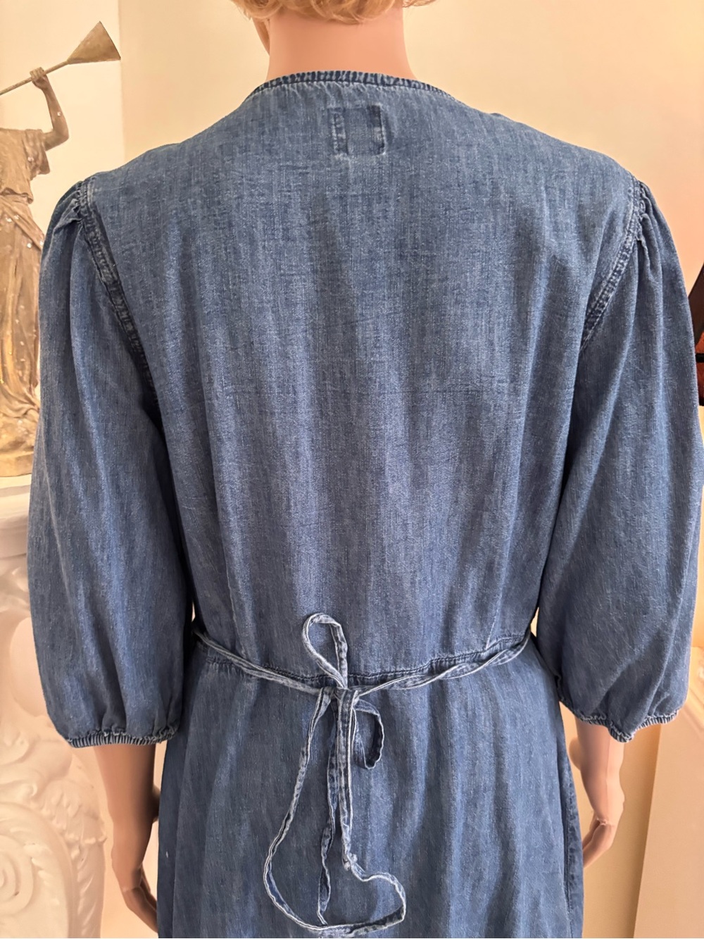 Denim Blue Wrap Ruffle Mini Dress with Puff Sleeves - Picture 11 of 14